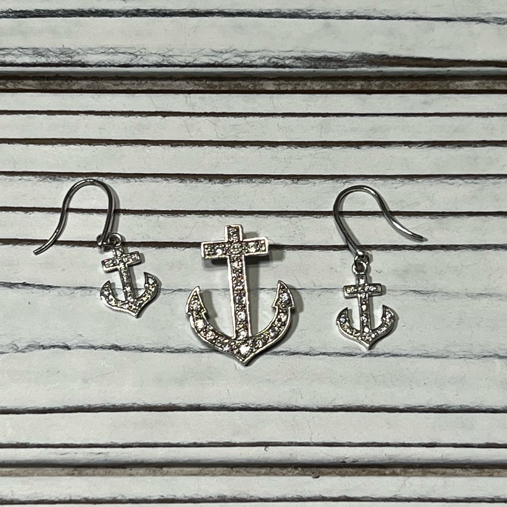 Sterling Silver and Crystal Anchor Pendant and Earrings